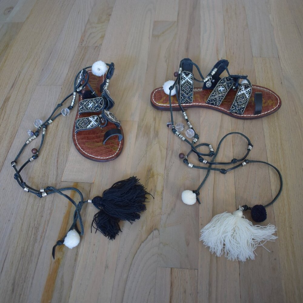 Sam Edelman Womens Beaded Flat Sandals with Ankle Wrap Ties